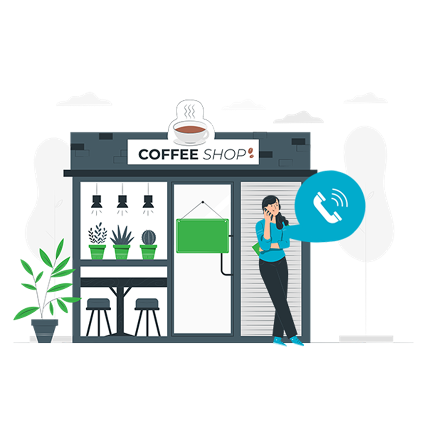 Graphic of Coffee shop and owner on phone