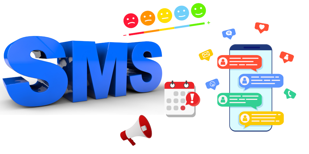 Graphic with SMS in capitals and icons representing uses of SMS notification, a calendar with a scheduled SMS message, a graph indicating contact engagement, a checklist for business operations, and a megaphone for marketing activities.