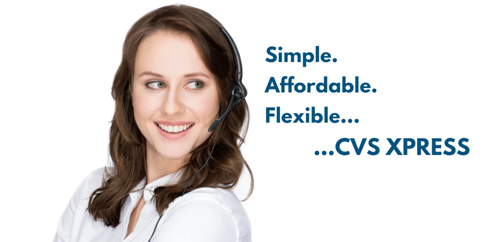 woman looking at text "Simple. Affordable. Flexible... CVS Xpress"