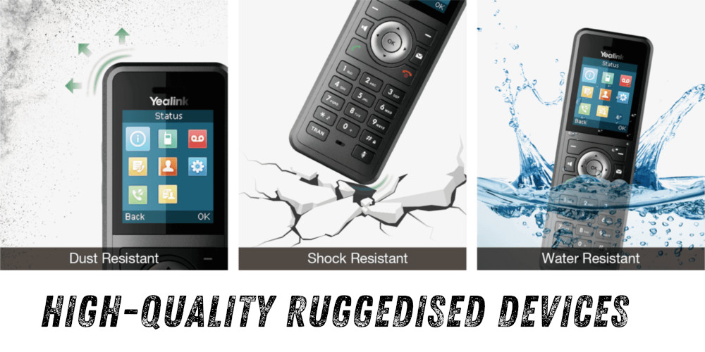 Graphic of Ruggedised handsets. How they are dust resistant, shock resistant and Water resistant